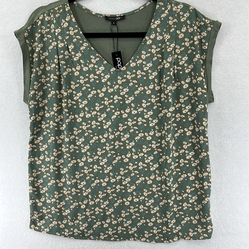 Papermoon (Stitch Fix) Women’s Top Size S Moss Green Floral Mixed Media NWT